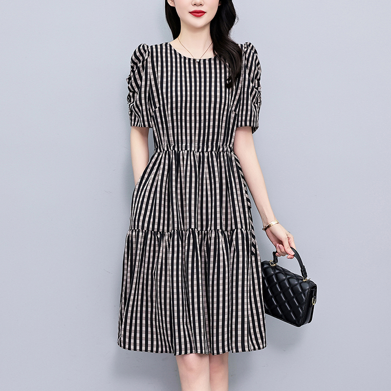 Plus Size Plaid Short Sleeve A-Line Midi Dress Summer 2026