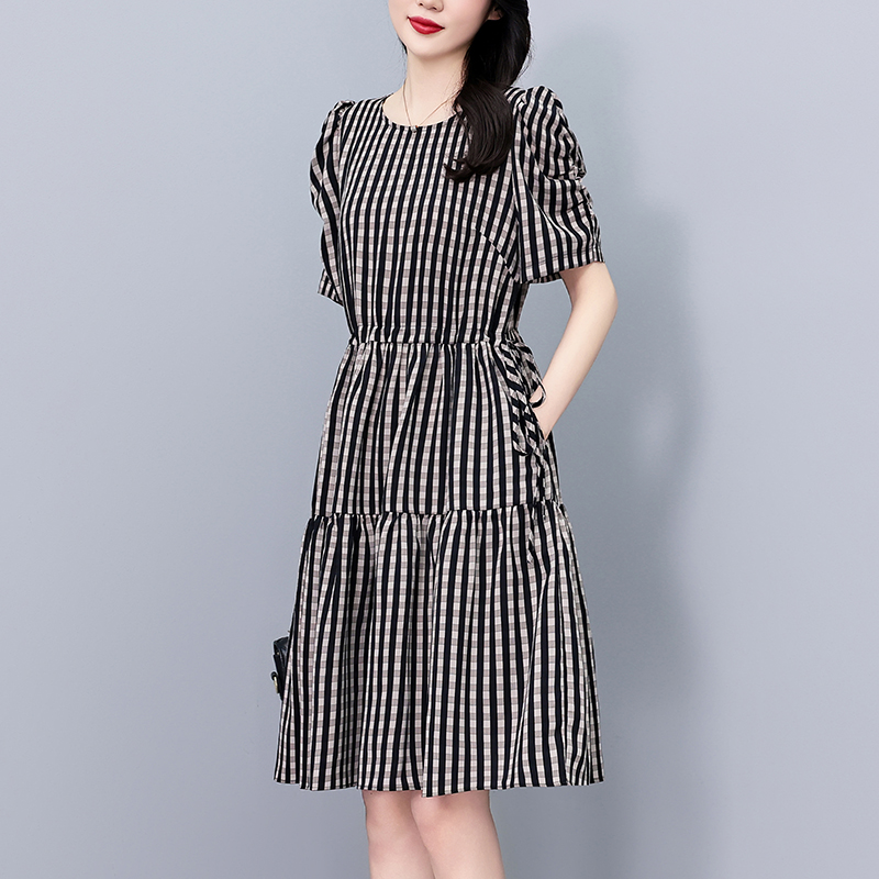 Plus Size Plaid Short Sleeve A-Line Midi Dress Summer 2026