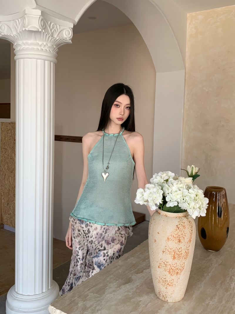 Summer Beaded Neckline Lightweight Sleeveless Top