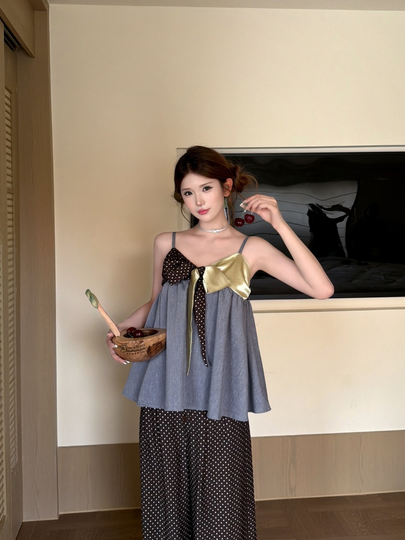 Color Block Bow Tie Loose A-Line V-Neck Linen Cape Cami Top and Polka Dot Wide-Leg Pants Set for Women