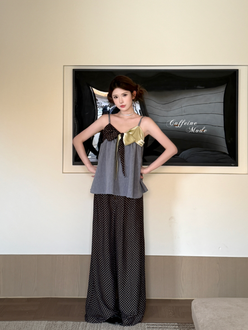 Color Block Bow Tie Loose A-Line V-Neck Linen Cape Cami Top and Polka Dot Wide-Leg Pants Set for Women