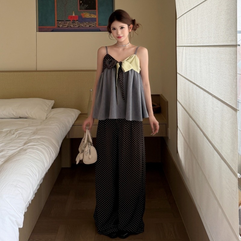 Color Block Bow Tie Loose A-Line V-Neck Linen Cape Cami Top and Polka Dot Wide-Leg Pants Set for Women