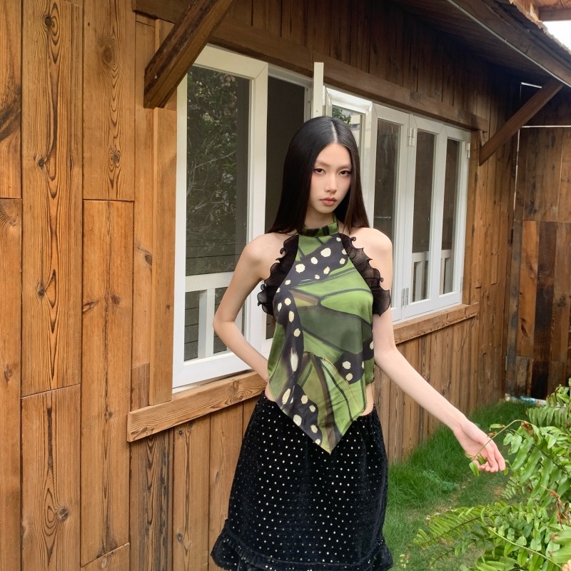 Butterfly Print Satin Halter Top