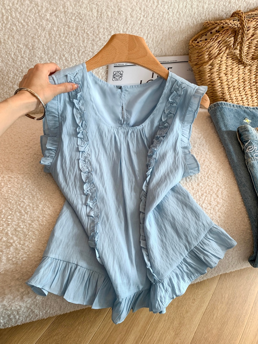Women Summer Sleeveless Lace Trim Blouse Loose Sweet Top