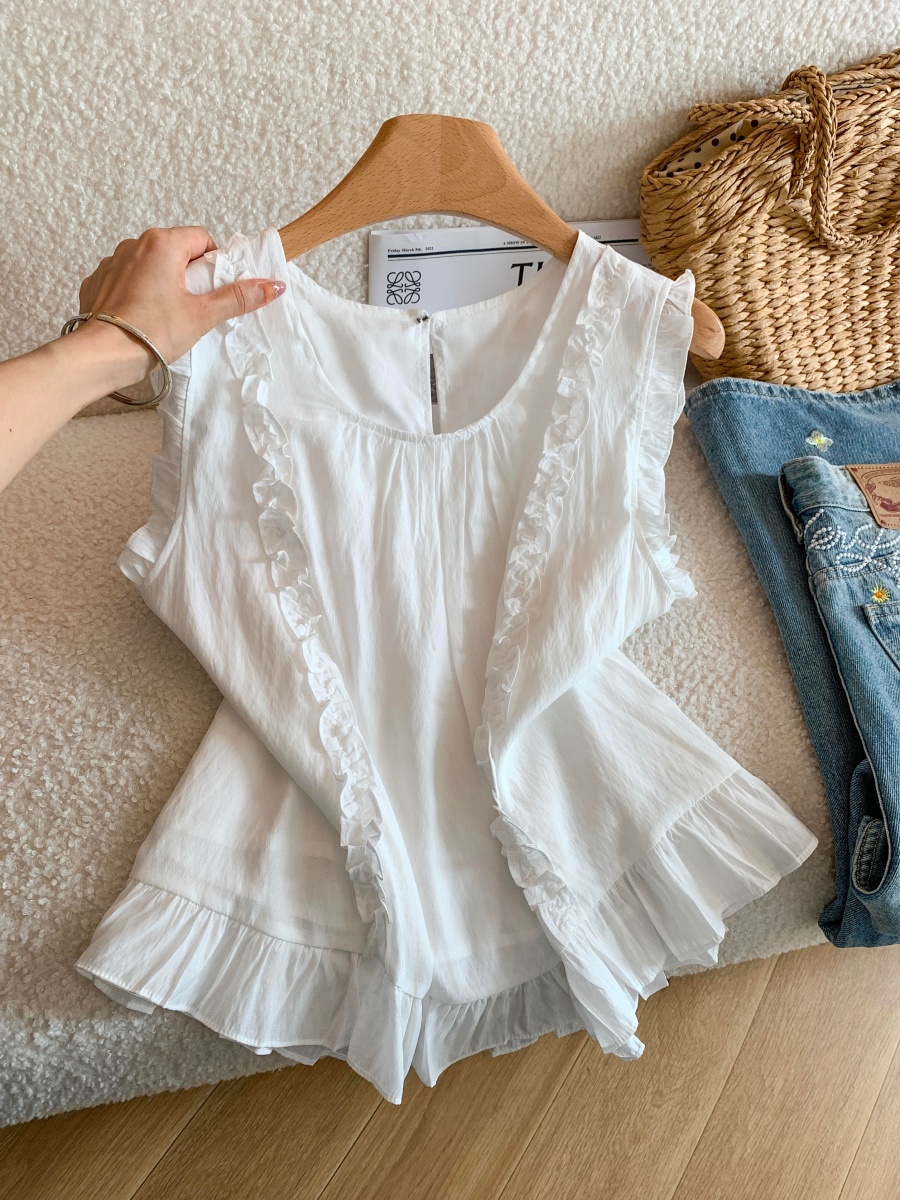 Women Summer Sleeveless Lace Trim Blouse Loose Sweet Top