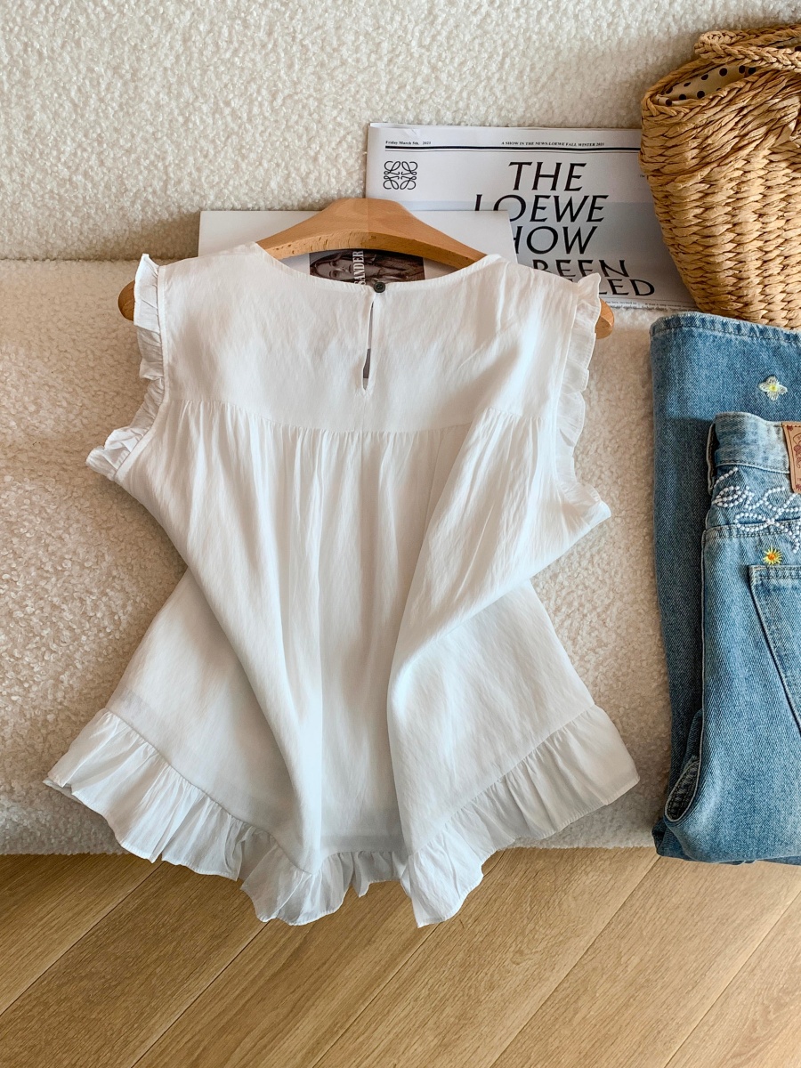 Women Summer Sleeveless Lace Trim Blouse Loose Sweet Top
