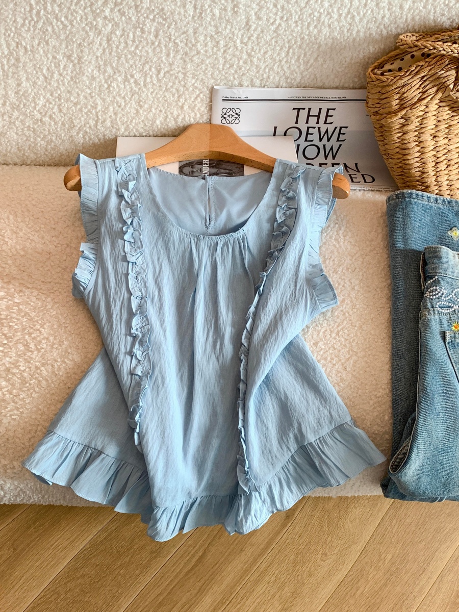 Women Summer Sleeveless Lace Trim Blouse Loose Sweet Top
