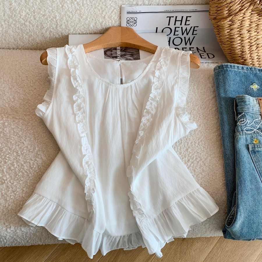 Women Summer Sleeveless Lace Trim Blouse Loose Sweet Top