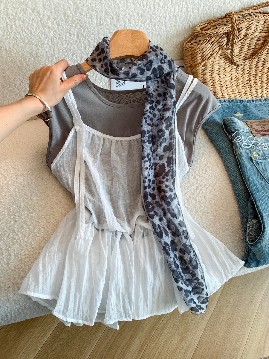 Women's Summer Two-Piece Set with Flutter Sleeves and Leopard Print Ribbon Top and Cami