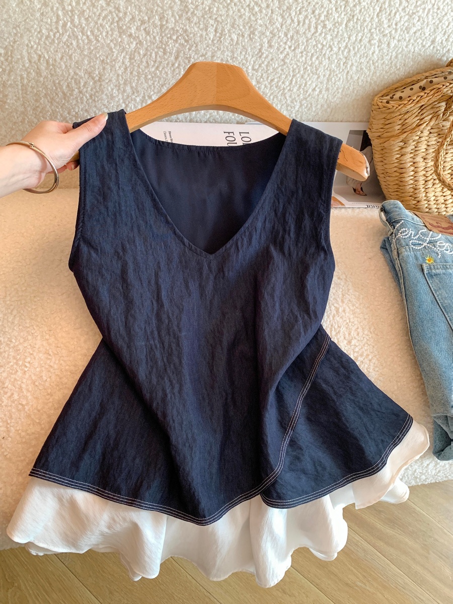 Women's Sleeveless Faux Two-Piece Color Block V-Neck Top Summer Loose Fit