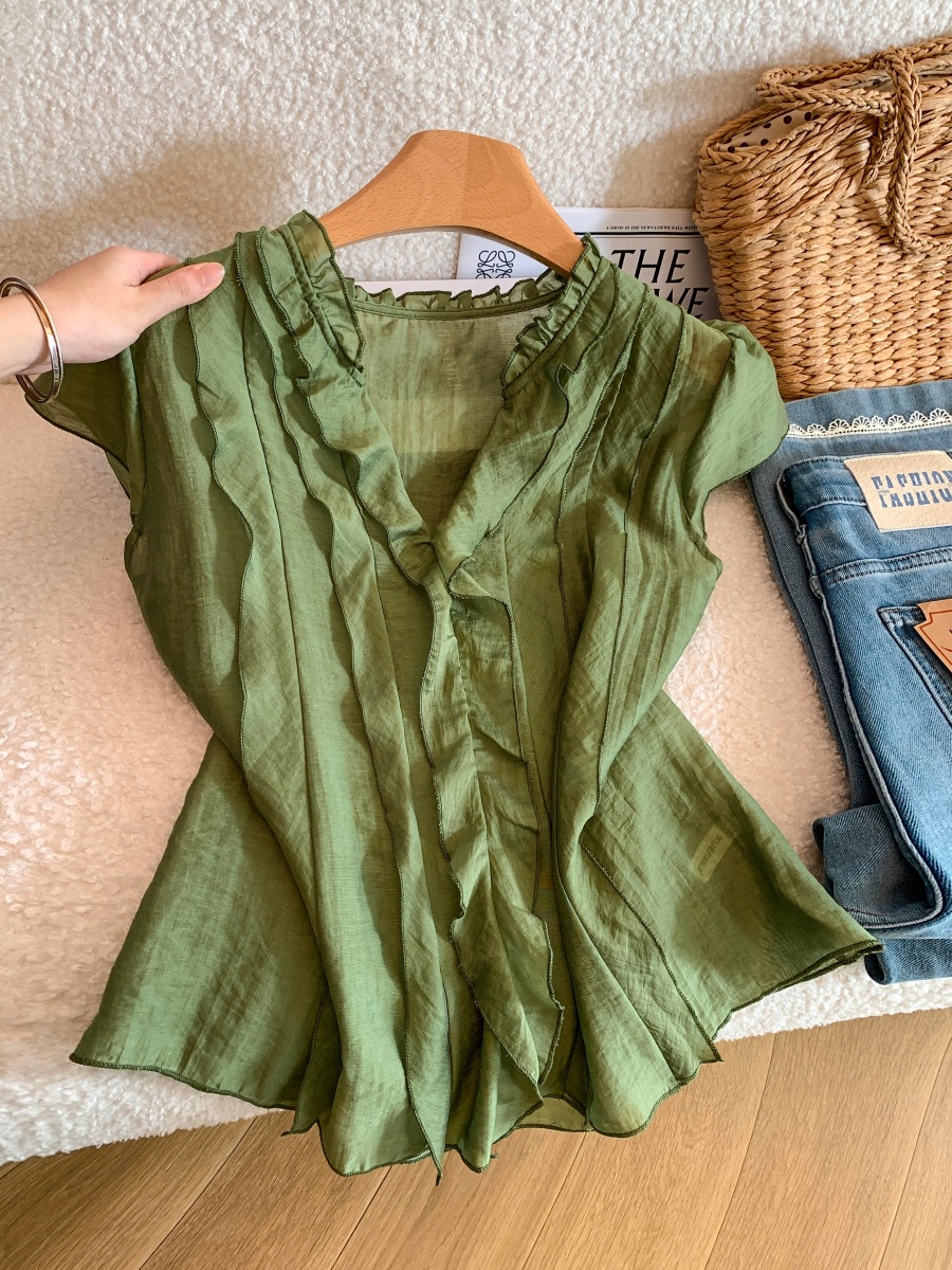 Women's Summer Korean Style Ruffle Trim Blouse