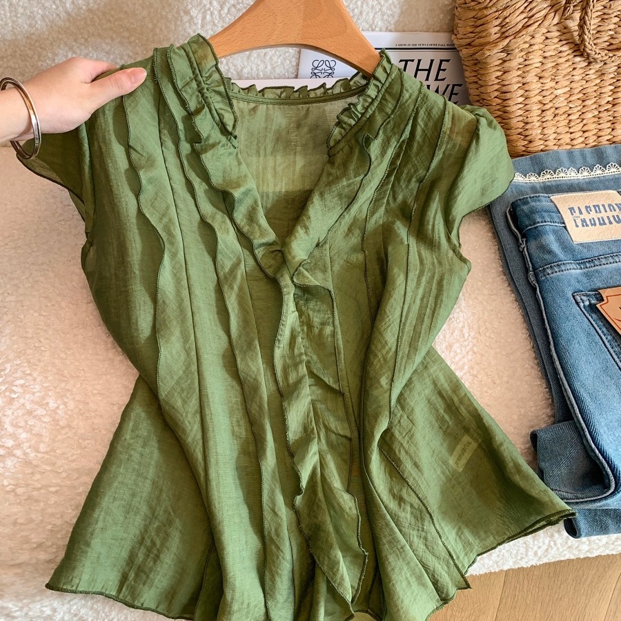 1780062428053_Ey7aVM.jpg Women's Summer Loose Fit Ruffle Trim Top - Solid Color Short Sleeve Pullover