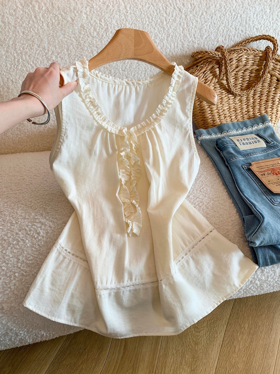 Korean Style Lace Trim Sleeveless Shirt Women Summer Round Neck Camisole Top