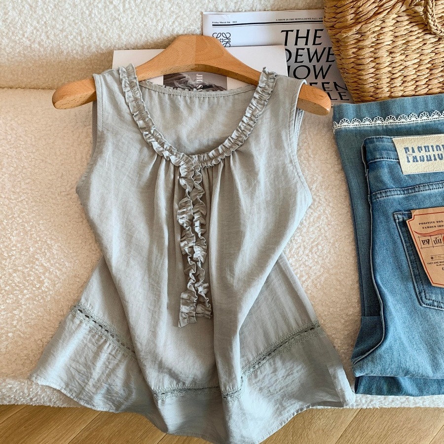 Korean Style Lace Trim Sleeveless Shirt Women Summer Round Neck Camisole Top