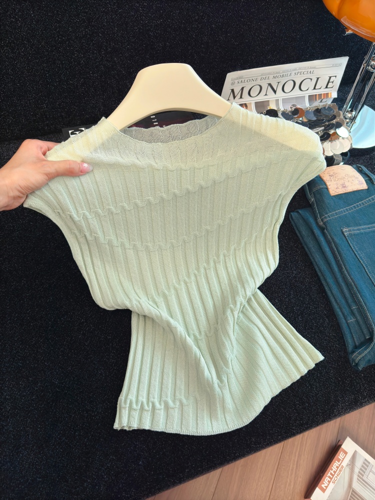 Women's Summer Knit Top Soft Comfortable Pullover Solid Color Slimming Sweet Style