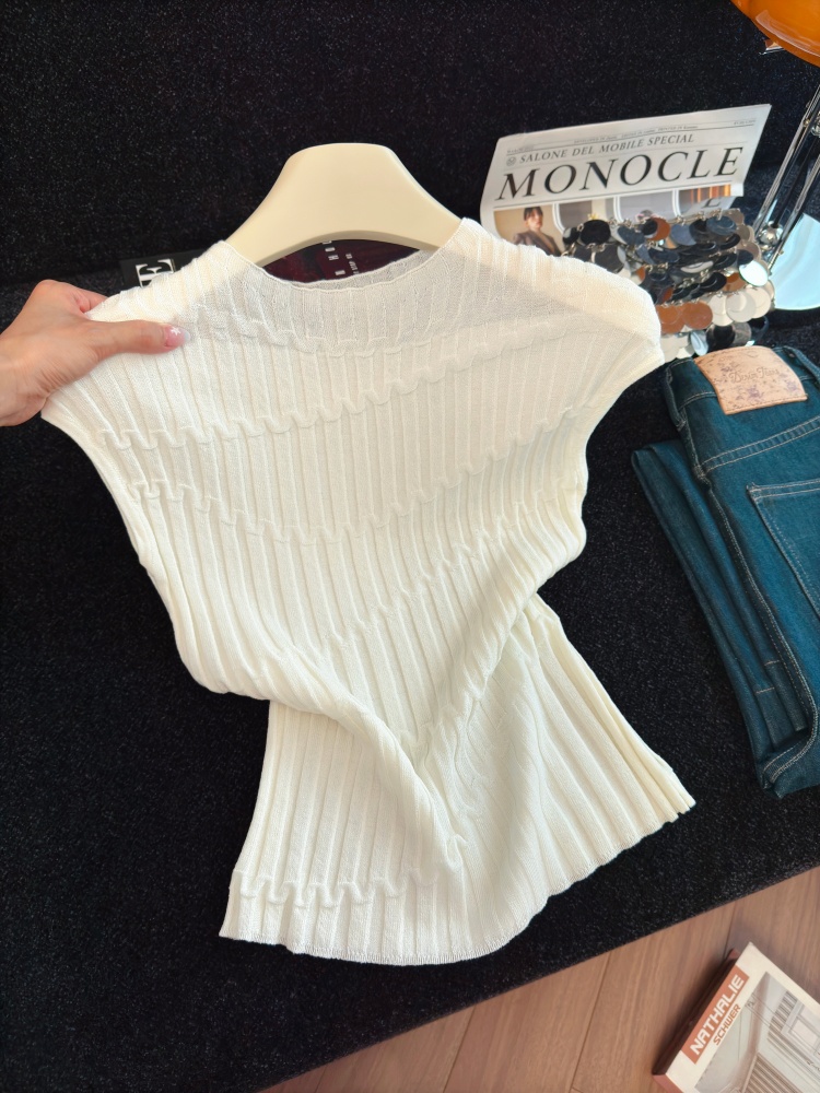 Women's Summer Knit Top Soft Comfortable Pullover Solid Color Slimming Sweet Style