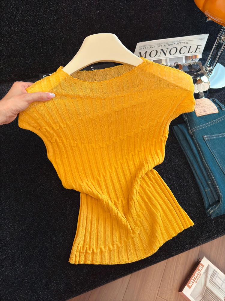 Women's Summer Knit Top Soft Comfortable Pullover Solid Color Slimming Sweet Style