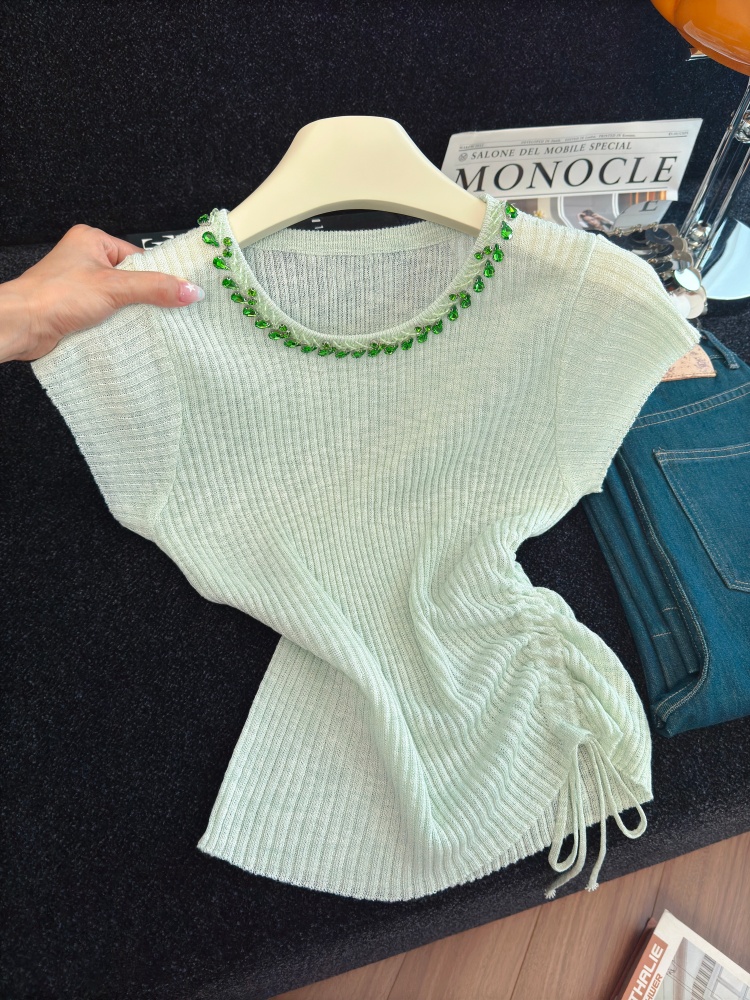Women's Drawstring Waist Knit Top with Beaded Short Sleeves Summer 2026