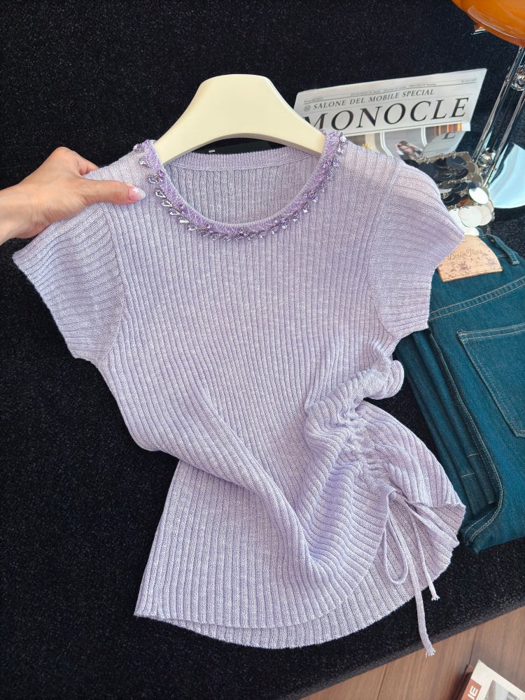 Women's Drawstring Waist Knit Top with Beaded Short Sleeves Summer 2026