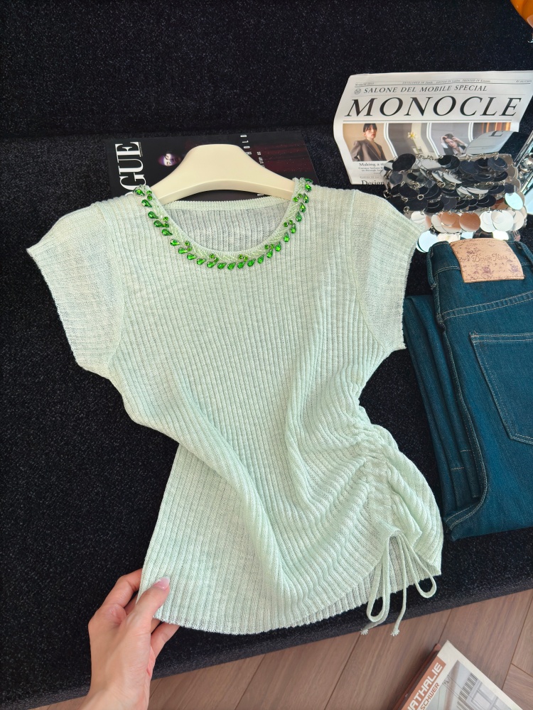 Women's Drawstring Waist Knit Top with Beaded Short Sleeves Summer 2026
