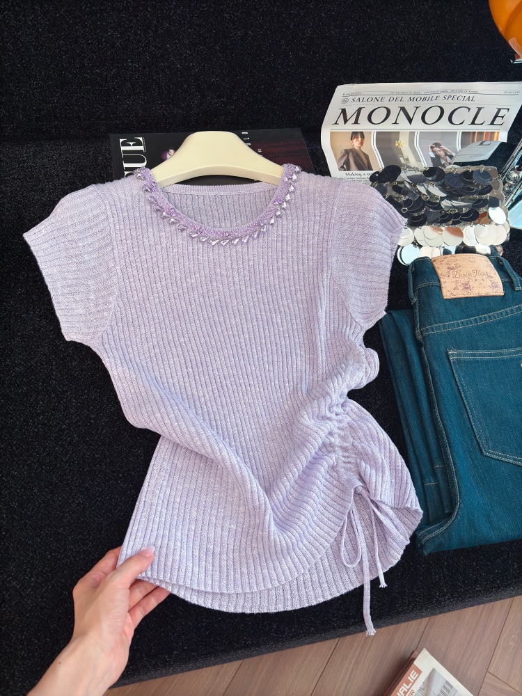 Women's Drawstring Waist Knit Top with Beaded Short Sleeves Summer 2026