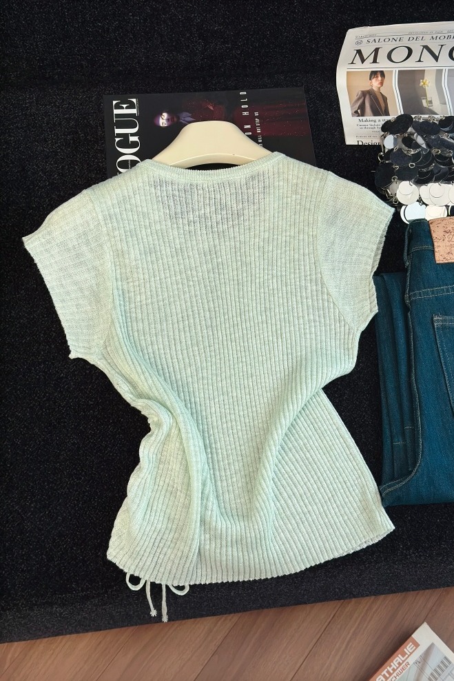 Women's Drawstring Waist Knit Top with Beaded Short Sleeves Summer 2026