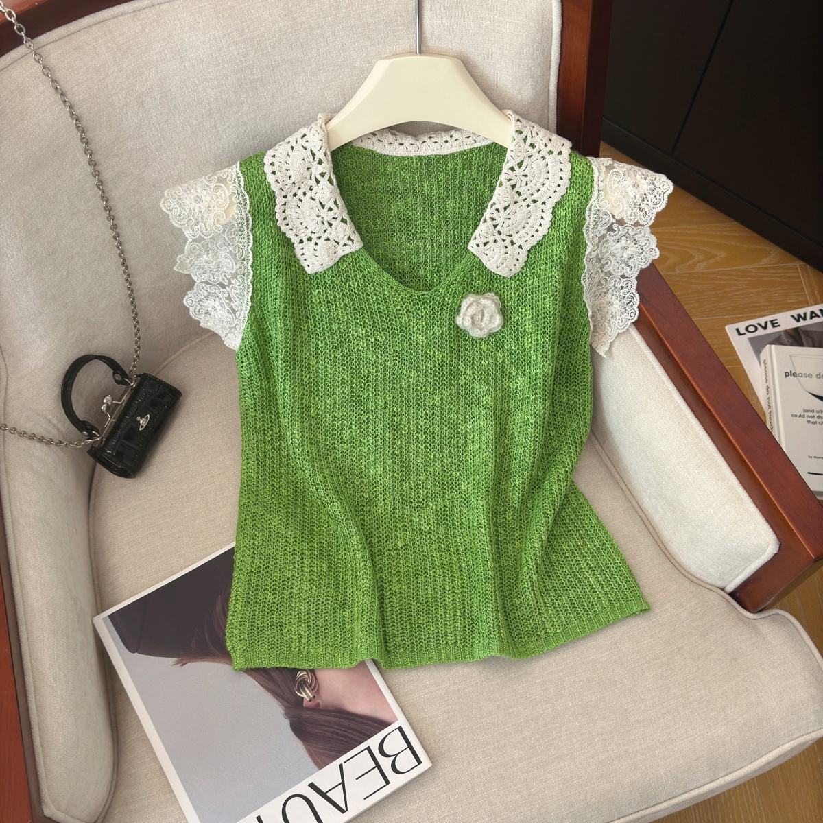Women's Lace Trim Knit Vest Autumn 2026 Retro Pullover Top