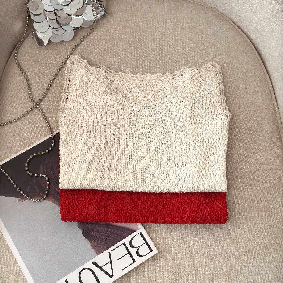 Elegant Lace Knit Tank Top for Women Summer New Sleeveless Slimming Vest